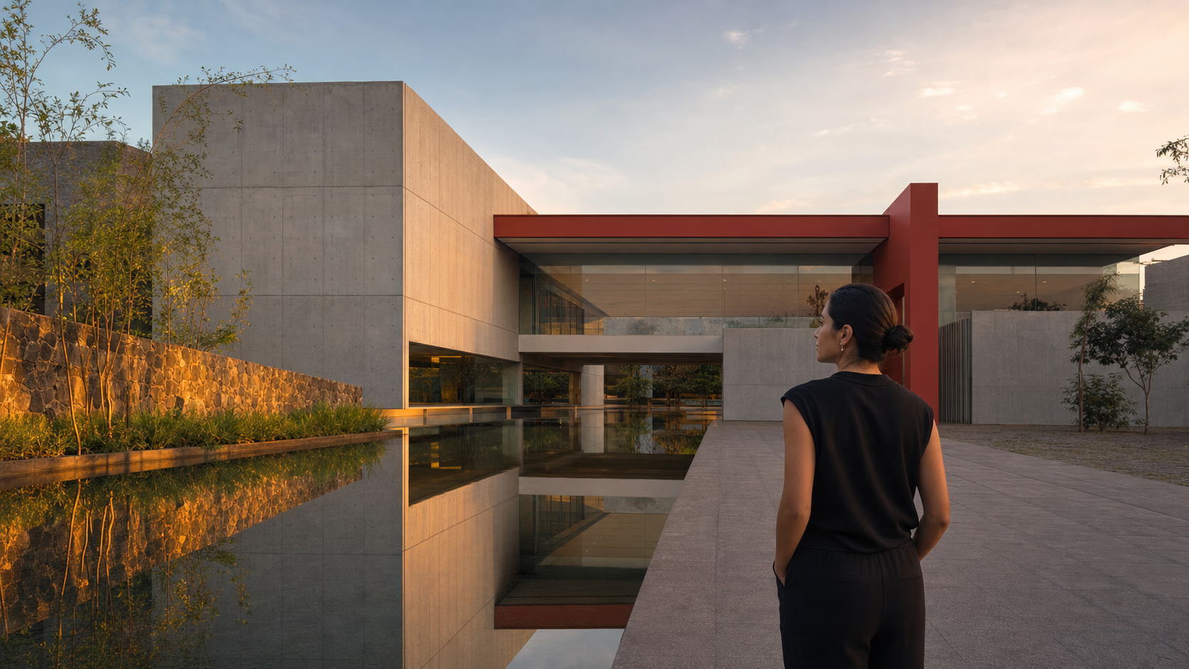 Arquitecta contemplando una obra contemporánea terminada al atardecer