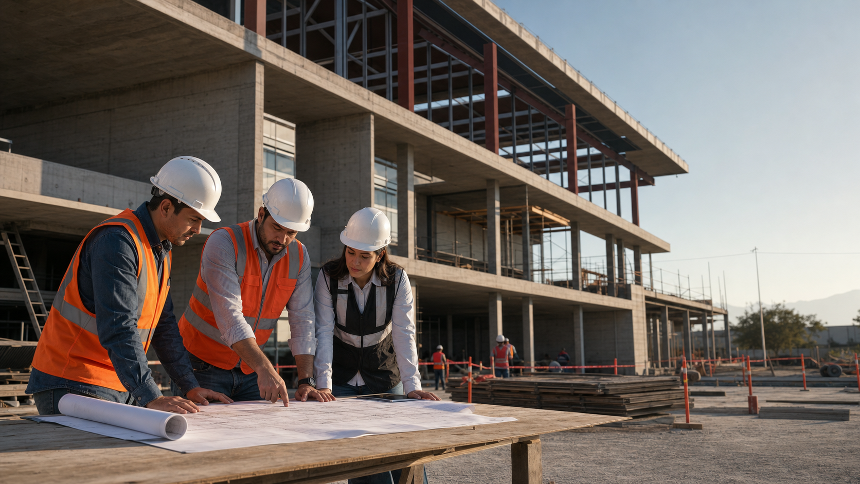 Equipo de construcción interpretando planos arquitectónicos en campo