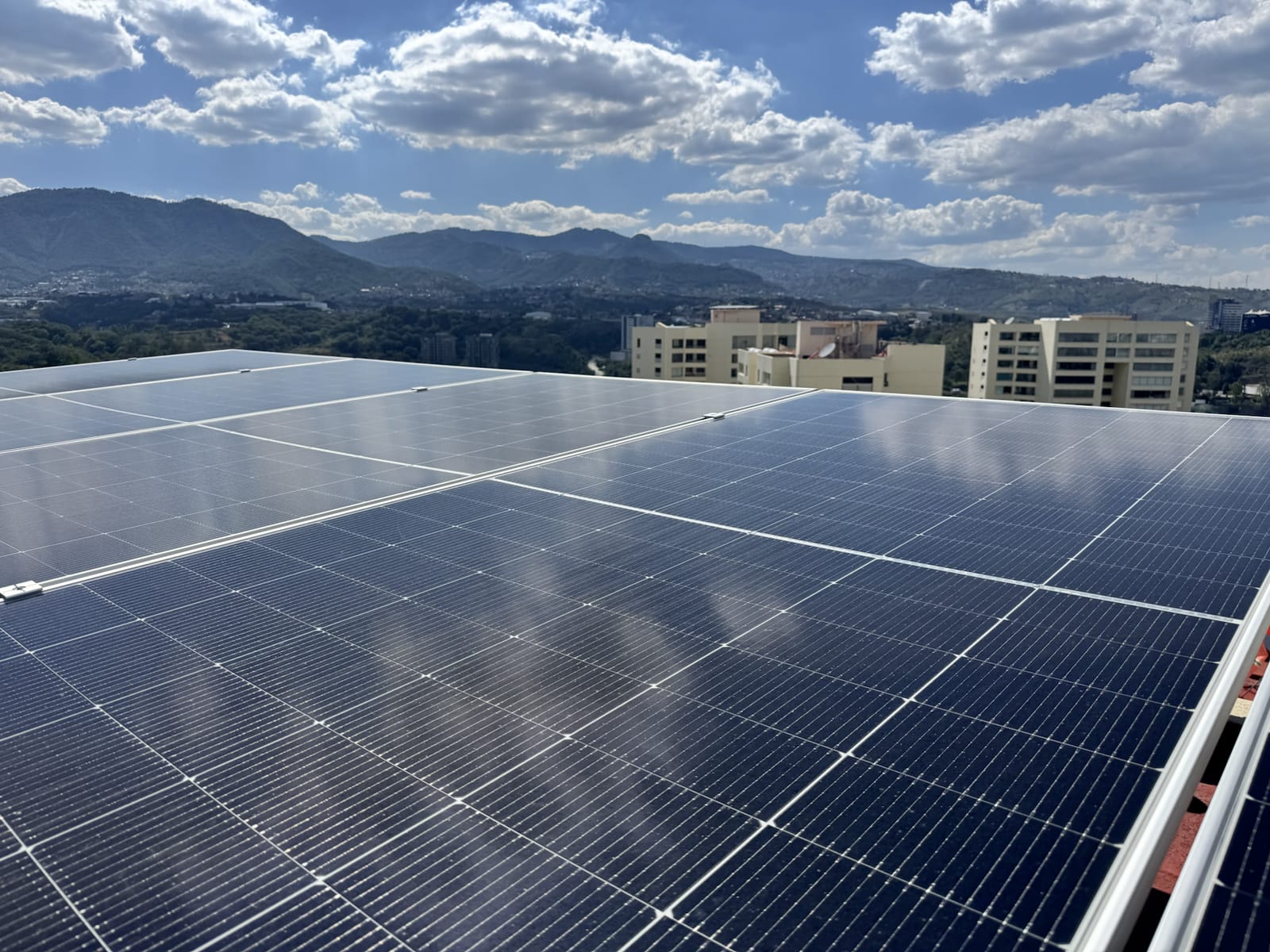 Campo de paneles solares con vista urbana